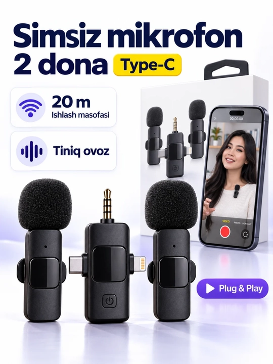 Ikki mikrofonli simsiz mikrofon to‘plami, universal qabul qilgich, 20 m