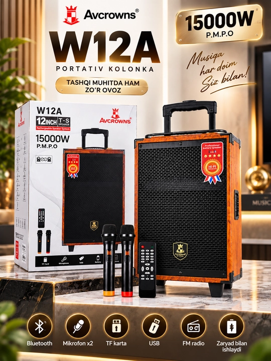Колонка караоке BAAB B-Q12 с 2 беспроводными микрофонами - 