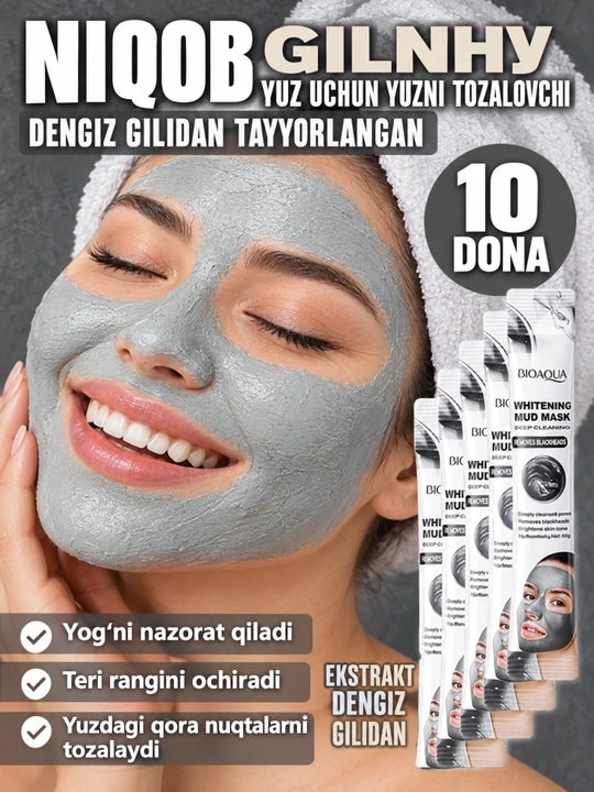 Yuz uchun maska, oqartiruvchi ,namlatiruvchi, aknedan himoya qiluvchi loyli niqob - 