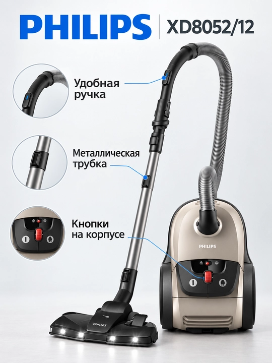 Philips XD8052/12 changyutgich, 2200 Vt, HEPA 13, LED yoritish va turbocho‘tka - 