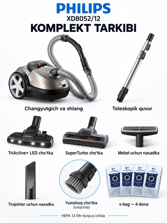 Philips XD8052/12 changyutgich, 2200 Vt, HEPA 13, LED yoritish va turbocho‘tka