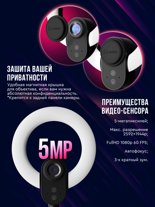 Веб камера LORGAR Elite Circulus 910 2K 5МП, Sony STARVIS, 1080p 60fps, кольцевая лампа