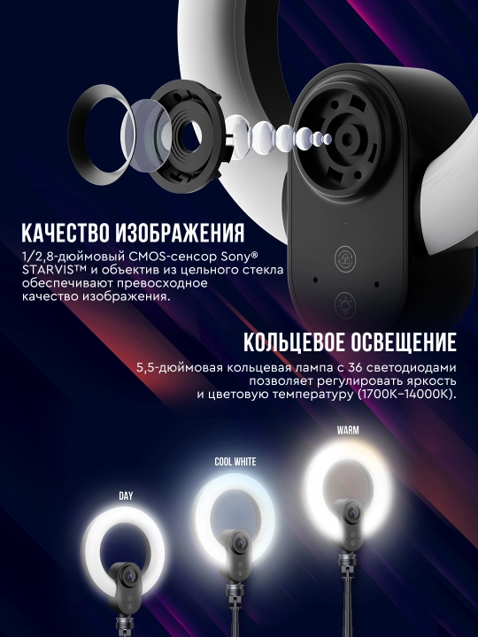 Веб камера LORGAR Elite Circulus 910 2K 5МП, Sony STARVIS, 1080p 60fps, кольцевая лампа