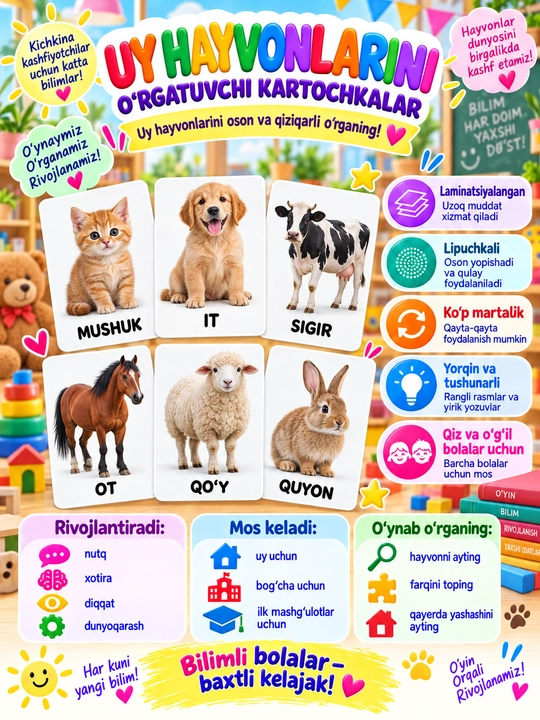 Rivojlantiruvchi bolalar kartochkalari —  (Laminatsiyalangan, ko‘p martalik) - 