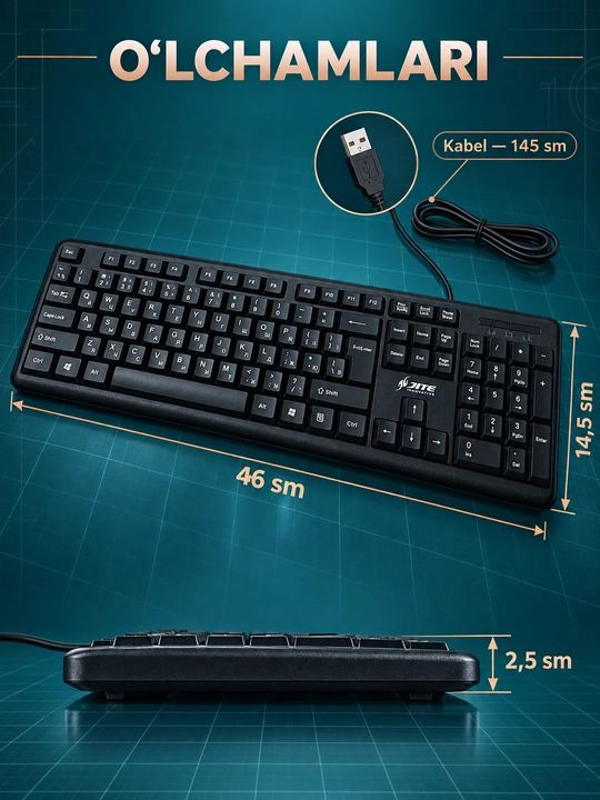 JITE KB-102 simli klaviatura, USB ulanish, 104 tugma va raqamli blok