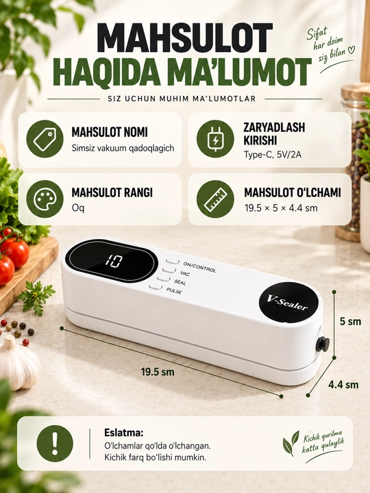 Vakuum qadoqlagich USB, oziq-ovqat uchun Vacuum Sealer, 10 ta paket sovg‘a