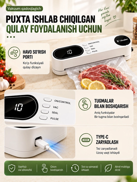 Vakuum qadoqlagich USB, oziq-ovqat uchun Vacuum Sealer, 10 ta paket sovg‘a