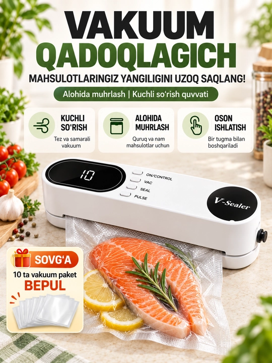 Вакуумный упаковщик-вакууматор для продуктов USB, Vacuum Sealer, 10 пакетов в подарок - 