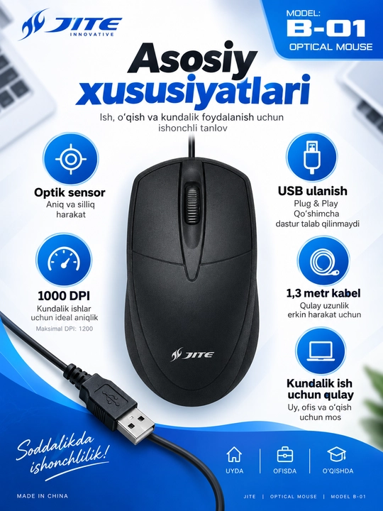 JITE B-01 simli optik sichqoncha, USB, 1000 DPI, 1,3 metr kabel