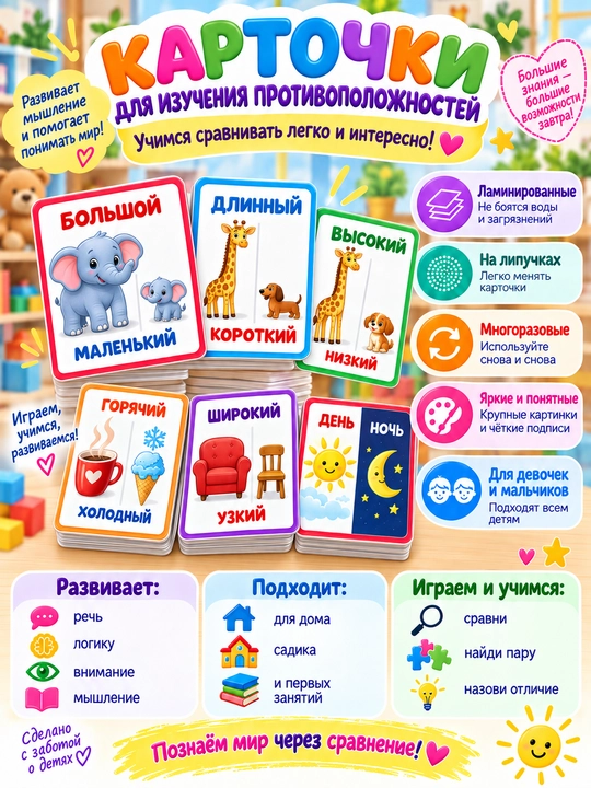 Bolalar uchun yopishqoq qog‘ozli, laminatsiyalangan, ko‘p martalik rivojlantiruvchi kartochkalar - 