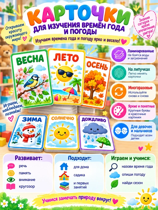 Bolalar uchun yopishqoq qog‘ozli, laminatsiyalangan, ko‘p martalik rivojlantiruvchi kartochkalar - 