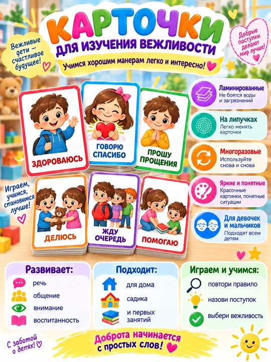 Bolalar uchun yopishqoq qog‘ozli, laminatsiyalangan, ko‘p martalik rivojlantiruvchi kartochkalar - 