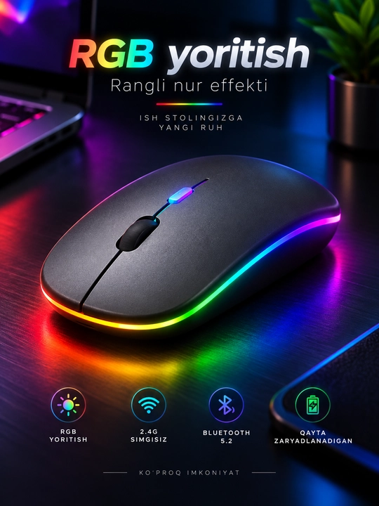 Simsiz RGB sichqoncha, 2.4G USB adapterli, kulrang va kumushrang