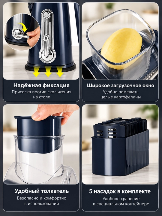Многофункциональный ручной нарезчик для овощей, овощерезка с 5 насадками, нарезка салатов