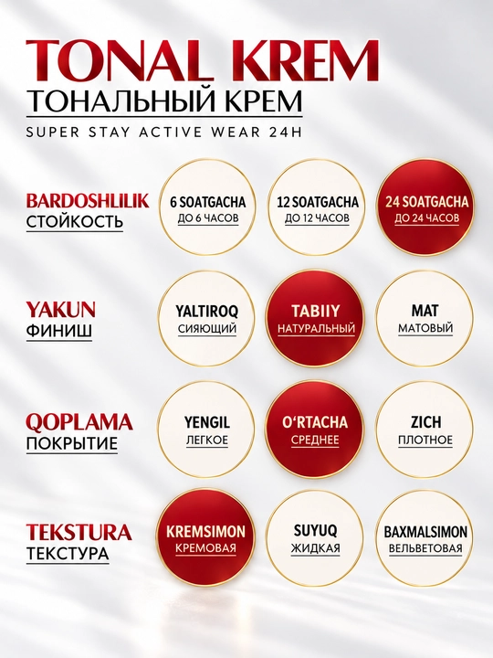 Tonal krem 24 soat - matlashtiruvchi, suv o'tkazmaydigan