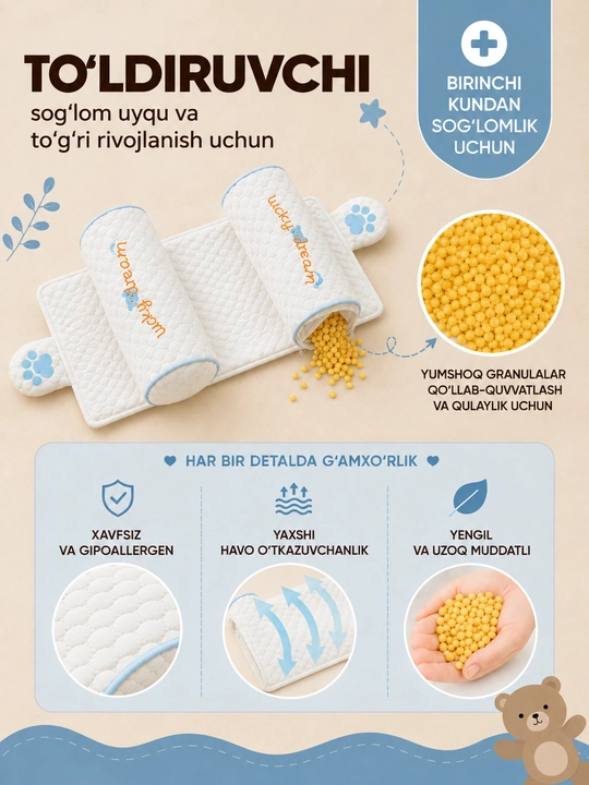 Bolalar uchun ortopedik yostiq, uyqu uchun, chaqaloqlar uchun, anatomik