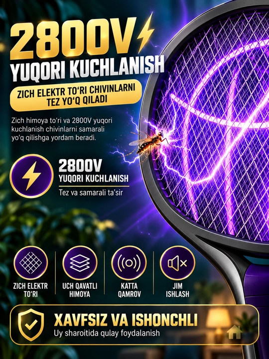 Электрическая ракетка от комаров и мух, УФ-приманка, USB Type-C, телескопическая