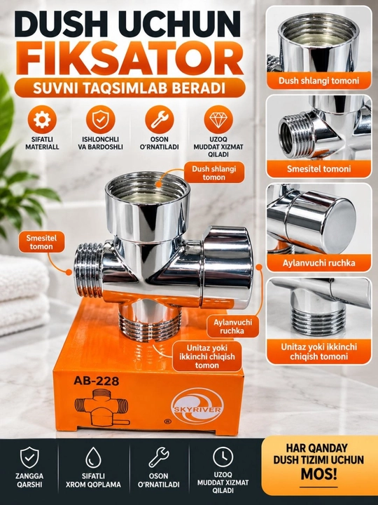 Dush fiksator, suv taqsimlagich, dush krani uchun fiksator, suv yo‘naltirgich - 