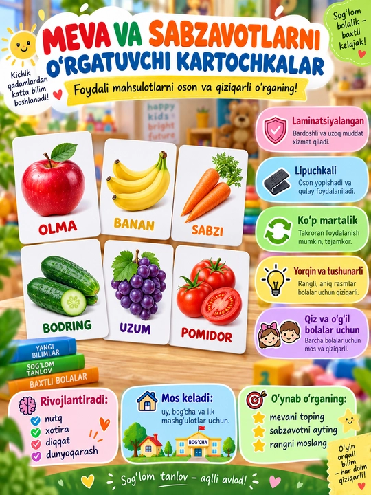 Bolalar uchun yopishqoq qog‘ozli, laminatsiyalangan, ko‘p martalik rivojlantiruvchi kartochkalar - 