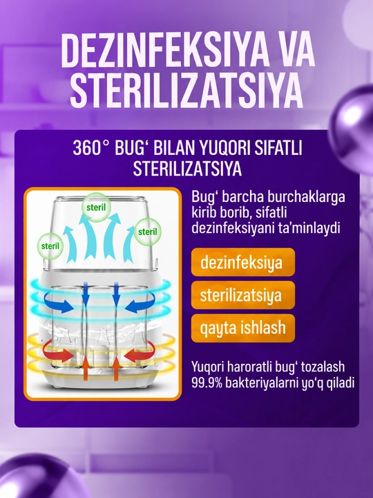 Butilka isitgich simsiz, sterilizator 8v1 butilka soska uchun, 4 ta butilka