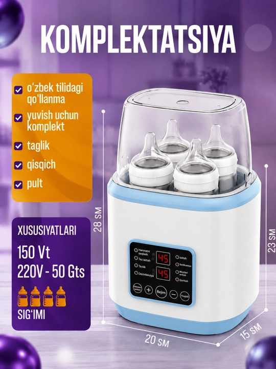 Butilka isitgich simsiz, sterilizator 8v1 butilka soska uchun, 4 ta butilka
