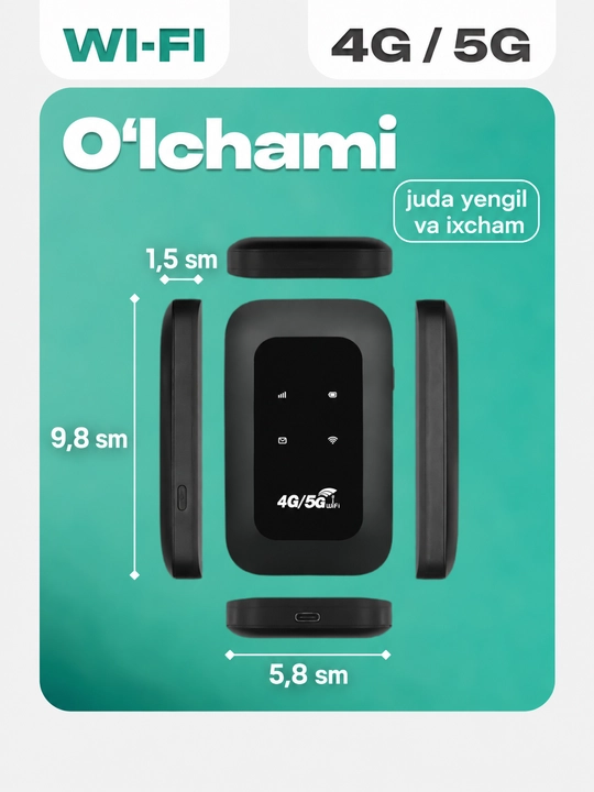 Wi-Fi роутер, cho‘ntak modem, portativ, 4G, 5G, SIM-karta bilan, sayohatlar uchun