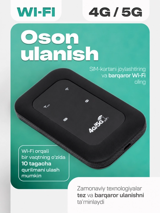 Wi-Fi роутер, cho‘ntak modem, portativ, 4G, 5G, SIM-karta bilan, sayohatlar uchun