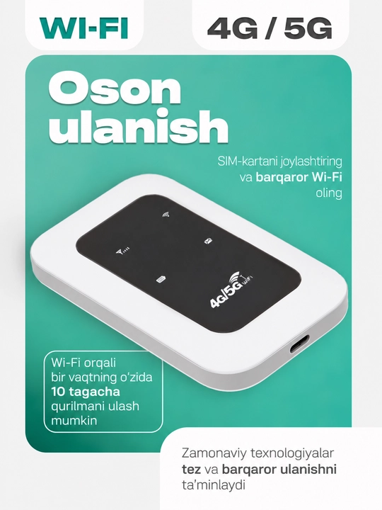 Wi-Fi роутер, cho‘ntak modem, portativ, 4G, 5G, SIM-karta bilan, sayohatlar uchun