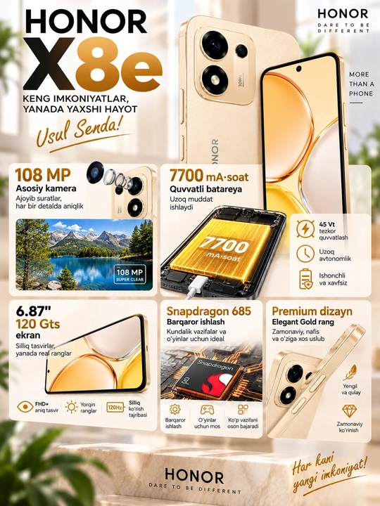 Смартфон HONOR X8e камера 108 МП, 7700 мА·ч, экран 120 Гц