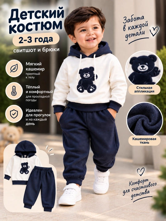 Детская спортивка для мальчика с капюшоном кофта и штаны, для 2-3 лет, материал кашемир