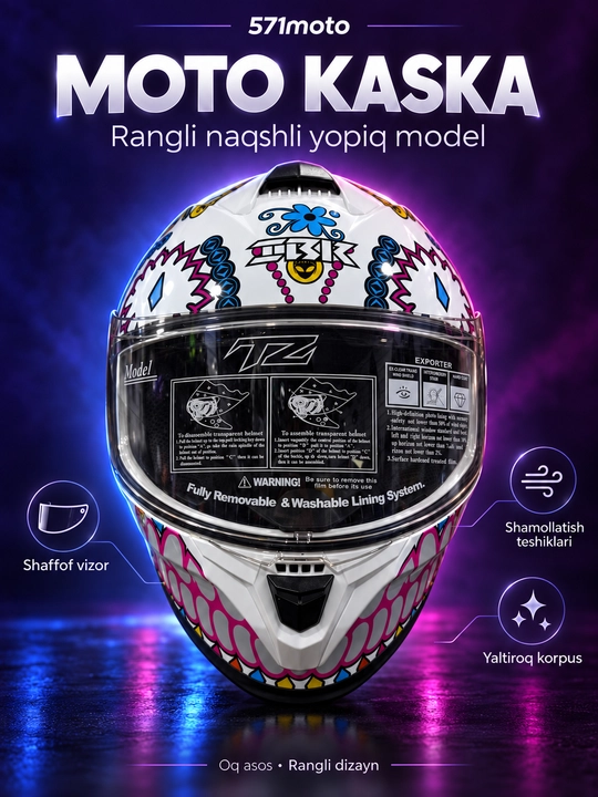Mototsikl kaskasi, ikki vizorli yopiq motoshlem, oq rangli naqshli - 