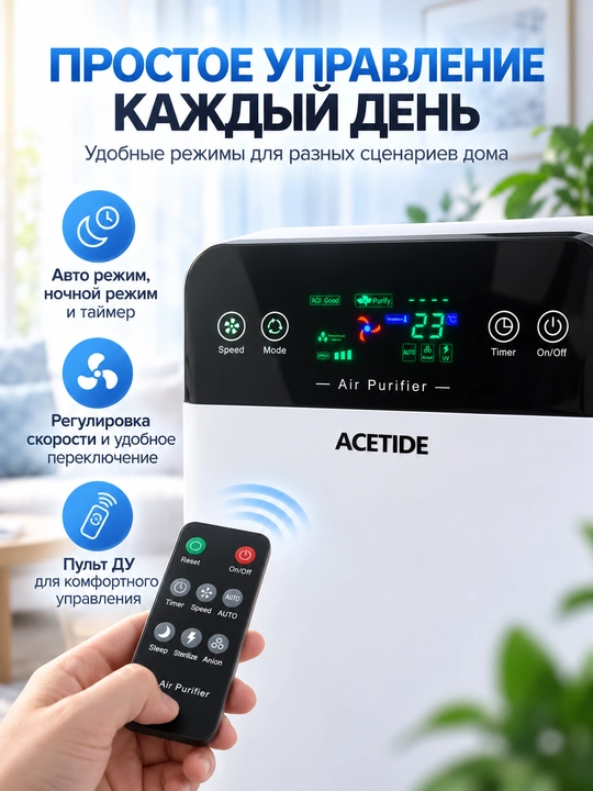 Очиститель воздуха для дома с HEPA фильтром, пультом и ионизацией, до 50 м²
