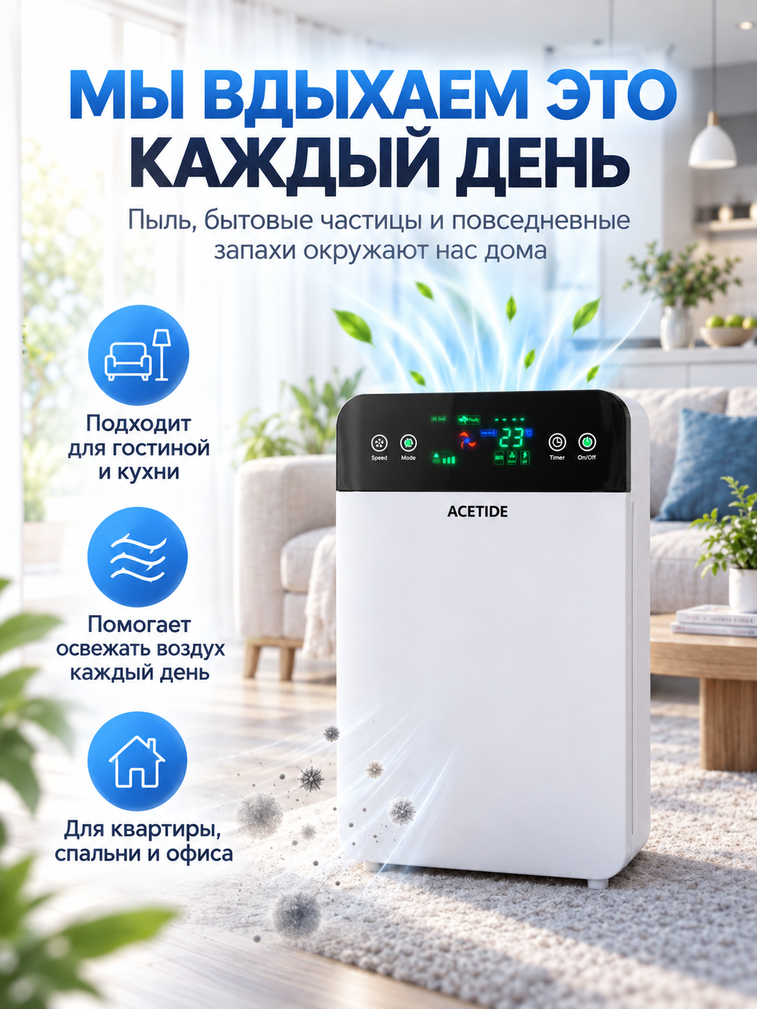 Очиститель воздуха для дома с HEPA фильтром, пультом и ионизацией, до 50 м²