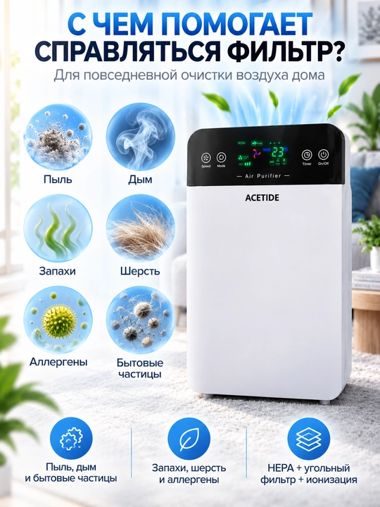 Очиститель воздуха для дома с HEPA фильтром, пультом и ионизацией, до 50 м²