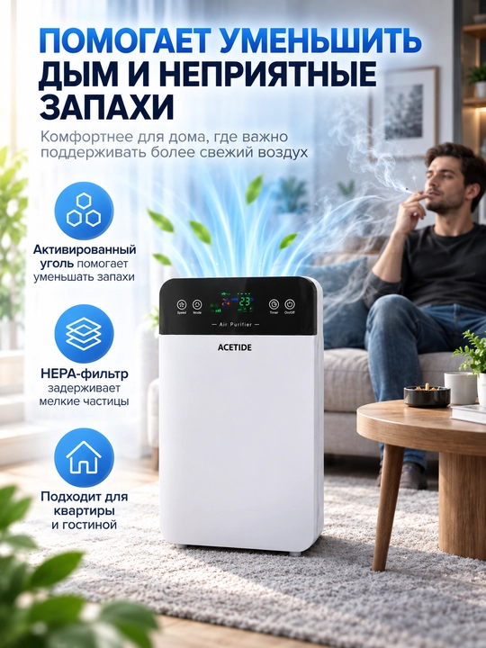 Очиститель воздуха для дома с HEPA фильтром, пультом и ионизацией, до 50 м²
