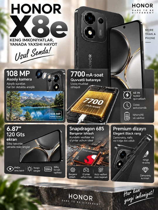 HONOR X8e smartfoni 108 MP kamera, 7700 mA·soat, 120 Gs ekran