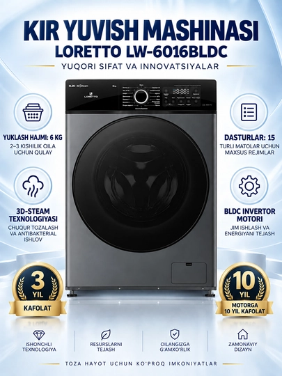 Стиральная машина автомат Loretto LW-6016BLDC 6 кг, инверторная стиральная машинка - 