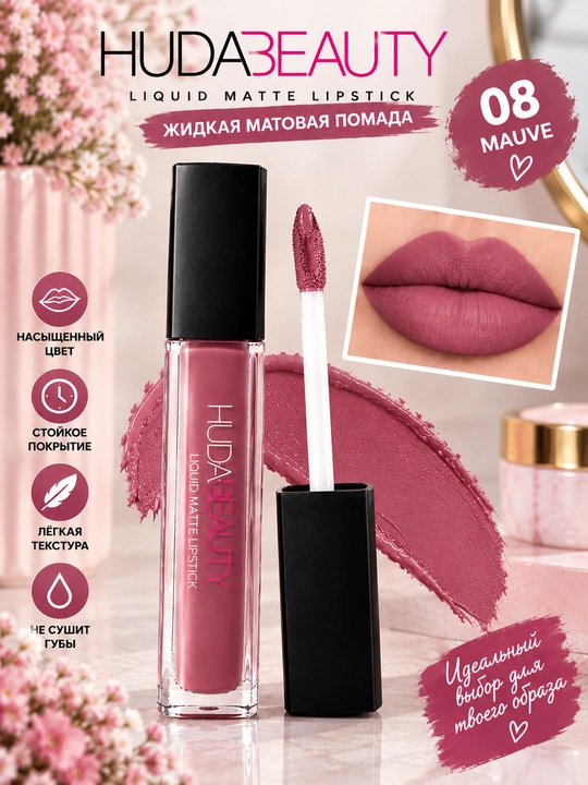 Suyuq lab bo‘yog‘i, mat lab bo‘yog‘i HUDA BEAUTY - 
