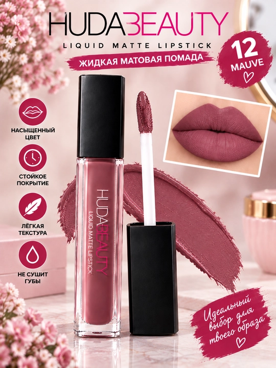Suyuq lab bo‘yog‘i, mat lab bo‘yog‘i HUDA BEAUTY - 