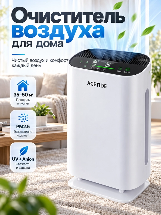 Очиститель воздуха ACETIDE с HEPA-фильтром, пультом, для дома до 50 м² - 