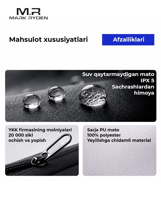 Kosmetik sumka Mark Ryden MR43 suv o'tkazmaydigan, organayzer, sayohatga, erkak/ayol uchun