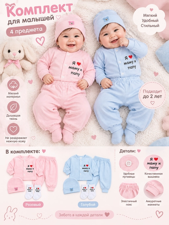 Комплект детской одежды , верх, брюки, шапочка и носки,  для детей 1–2 лет