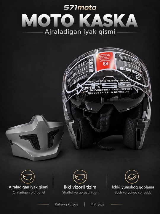 RNG mototsikl kaskasi, ikki vizorli, iyak qismi ajraladigan, kulrang