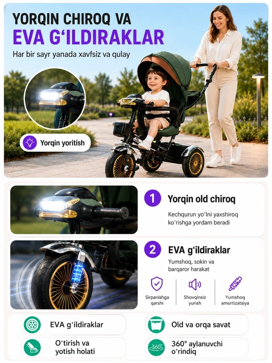 Bolalar uch g‘ildirakli velosipedi, unda yotish yoki o‘tirish mumkin, 2 ta 1 da