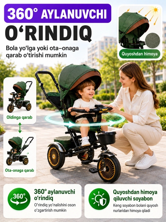 Bolalar uch g‘ildirakli velosipedi, unda yotish yoki o‘tirish mumkin, 2 ta 1 da