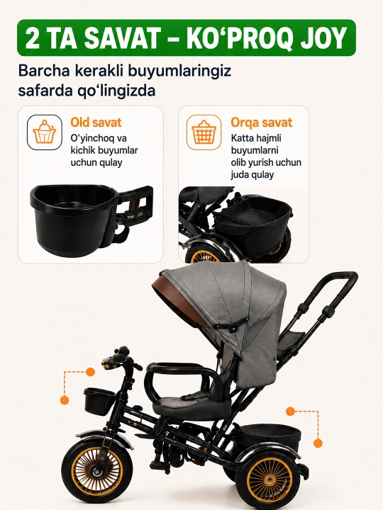 Bolalar uch g‘ildirakli velosipedi, unda yotish yoki o‘tirish mumkin, 2 ta 1 da