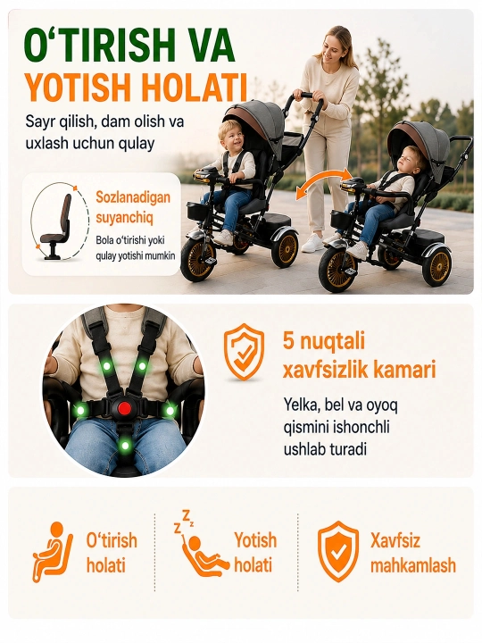 Bolalar uch g‘ildirakli velosipedi, unda yotish yoki o‘tirish mumkin, 2 ta 1 da