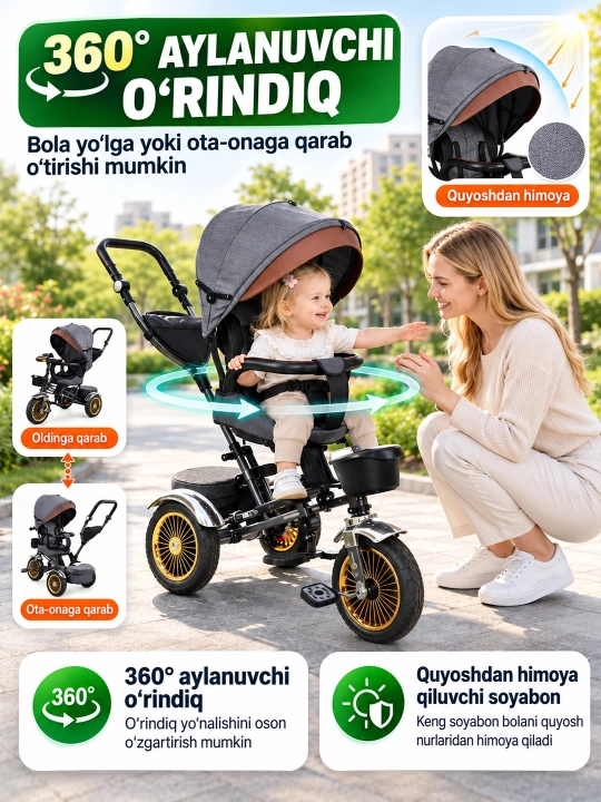 Bolalar uch g‘ildirakli velosipedi, unda yotish yoki o‘tirish mumkin, 2 ta 1 da