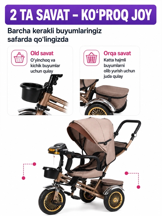 Bolalar uch g‘ildirakli velosipedi, unda yotish yoki o‘tirish mumkin, 2 ta 1 da