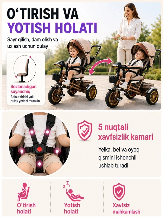 Bolalar uch g‘ildirakli velosipedi, unda yotish yoki o‘tirish mumkin, 2 ta 1 da